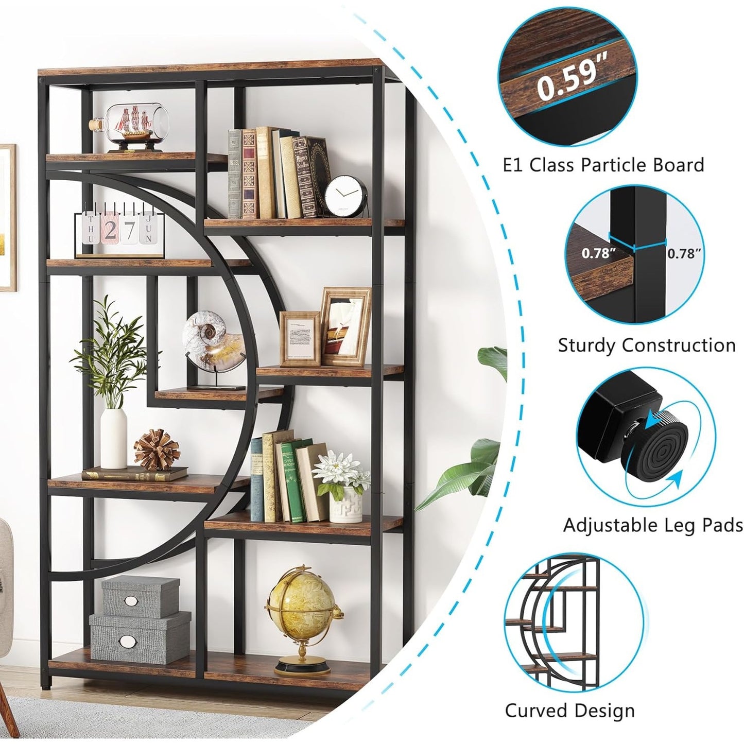 Étagère contemporaine à 5 niveaux, bibliothèques hautes indépendantes pour l'exposition et le rangement avec 9 étagères ouvertes, idéale pour le salon et les coffres de terrasse