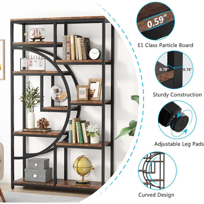 Étagère contemporaine à 5 niveaux, bibliothèques hautes indépendantes pour l'exposition et le rangement avec 9 étagères ouvertes, idéale pour le salon et les coffres de terrasse