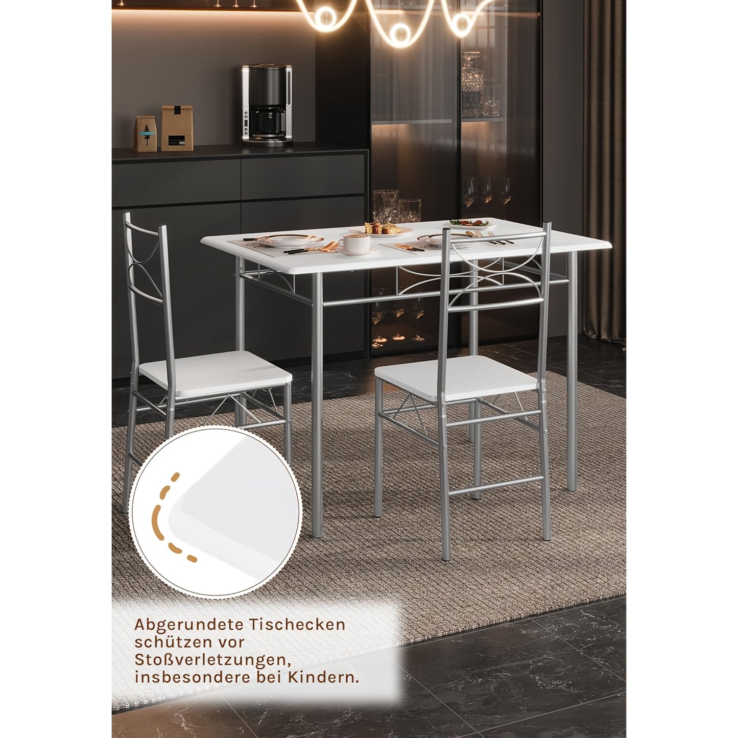 Table à manger, quatre chaises, table à manger pour quatre personnes, salle à manger, salle à manger de cuisine, table de salle à manger de cuisine, cadre en métal, MDF, marron vintage et argenté.