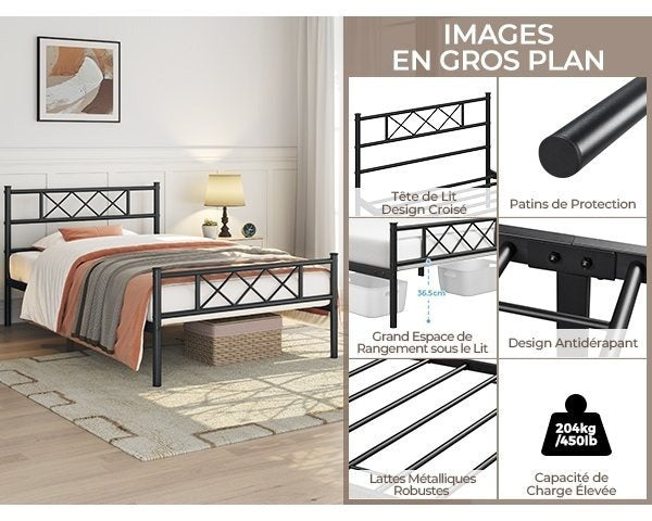 Costoffs Cadre de Lit en Métal Moderne - Structure à 6 Pieds avec Tête de Lit Design en Forme X - Sommier à Lattes Métalliques et Grand Espace de Rangement Sous-lit - Idéal pour Chambre d'Invite, Dortoir ou Appoint - Style Industriel Élégant
