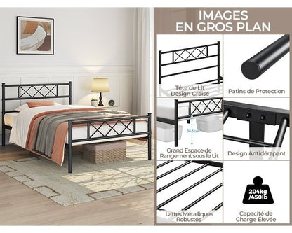 Costoffs Cadre de Lit en Métal Moderne - Structure à 6 Pieds avec Tête de Lit Design en Forme X - Sommier à Lattes Métalliques et Grand Espace de Rangement Sous-lit - Idéal pour Chambre d'Invite, Dortoir ou Appoint - Style Industriel Élégant