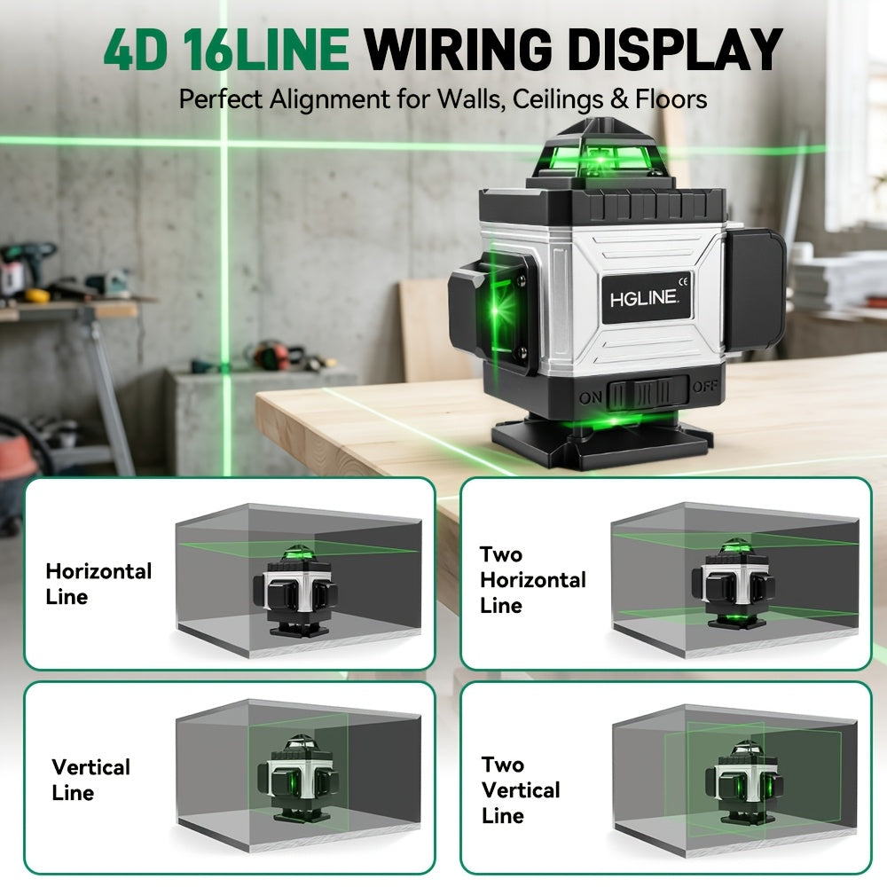 1 Ensemble Niveau Laser 16 Lignes 360 Nivellement Automatique, Outil de Niveau Laser à Ligne Croisée Verte 4X360° pour la Construction et la Suspension de Tableaux, Niveau Laser 4D