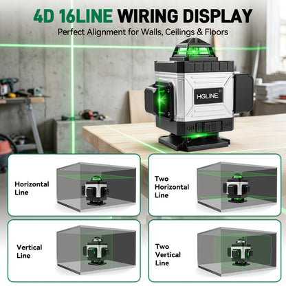 1 Ensemble Niveau Laser 16 Lignes 360 Nivellement Automatique, Outil de Niveau Laser à Ligne Croisée Verte 4X360° pour la Construction et la Suspension de Tableaux, Niveau Laser 4D