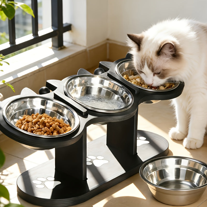 Ensemble de Gamelle surélevée pour Chat avec 4 Bols en Acier Inoxydable - Gamelle Inclinée à 15°, Hauteur Réglable avec Support Noir, Cadeau Idéal pour les Propriétaires d'Animaux
