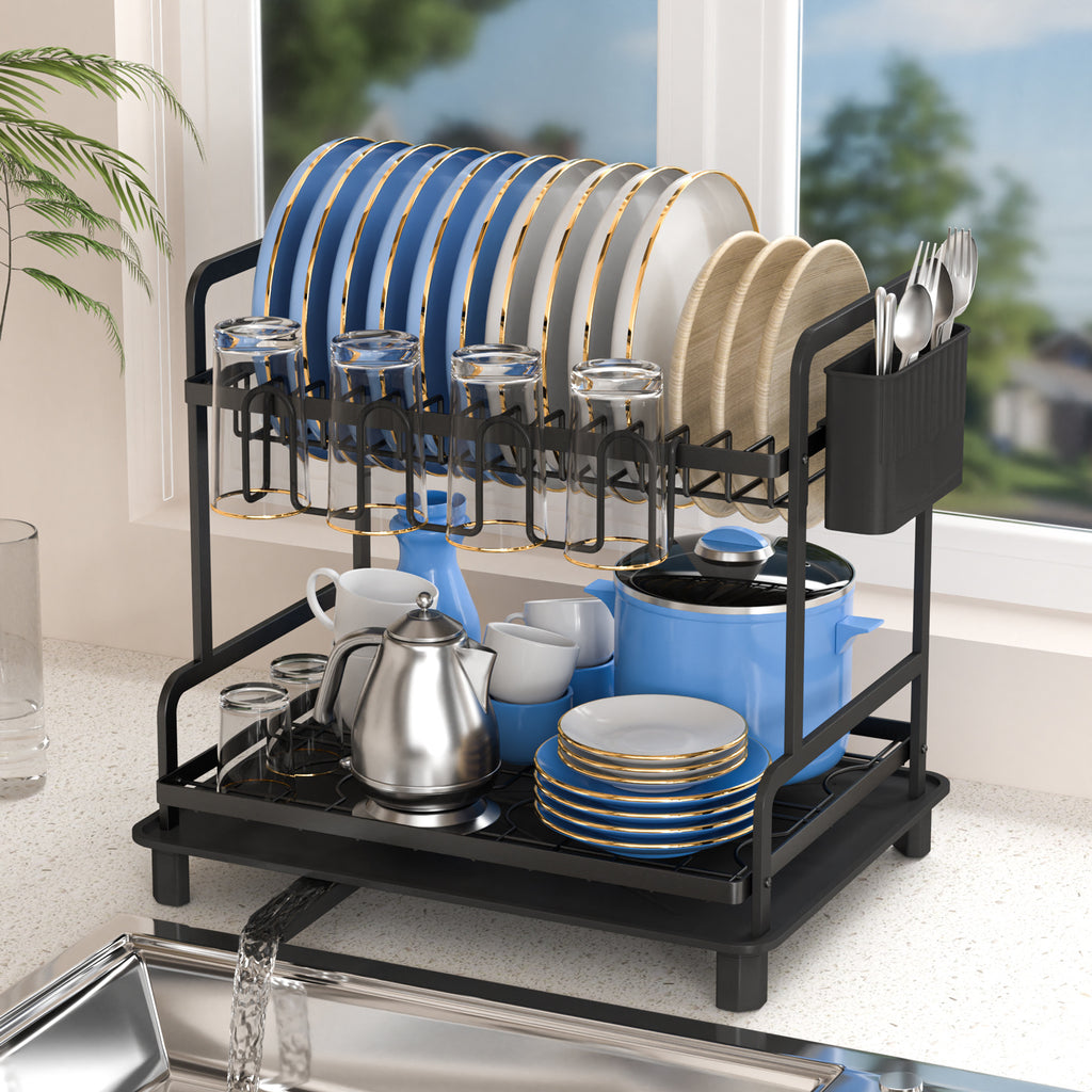 Égouttoir à vaisselle, égouttoir à vaisselle peu encombrant pour comptoir de cuisine, égouttoir avec porte-ustensiles et plateau d'égouttage avec porte-couverts, maison et appartement