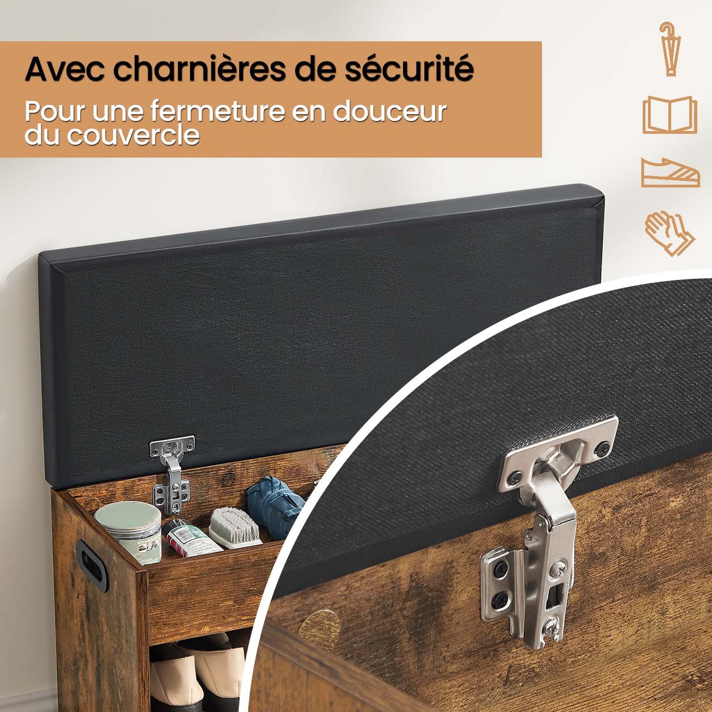 Banc à Chaussures Rembourré, 3 Compartiments, Capacité de Charge 136 kg, Rangement Caché, Étagères, pour Chambre, Salon, Entrée