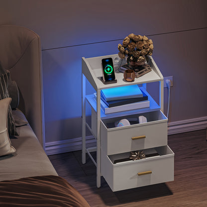 Ensemble de 2 tables de chevet, avec lumières LED et station de charge, table d'appoint avec 2 tiroirs en tissu et étagères, avec ports USB et prises, pour chambre à coucher, salon, blanc