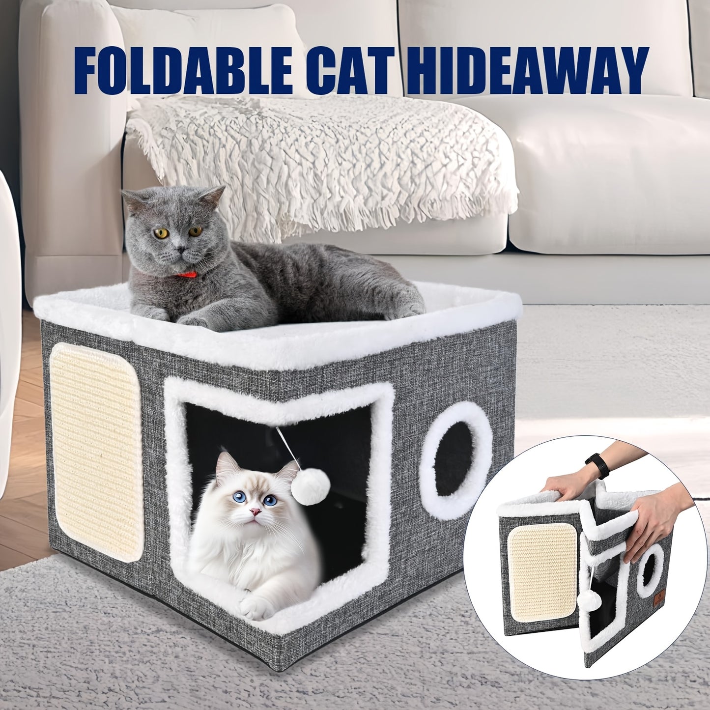 Maison pour chat avec lits à 2 niveaux, tunnel de jeu, canapé pliable, griffoir et balle suspendue en peluche - Cadre en nylon durable, toile douce, conception fermée toutes saisons, cube de lit pour chat d'intérieur facile à assembler, unité de divertiss