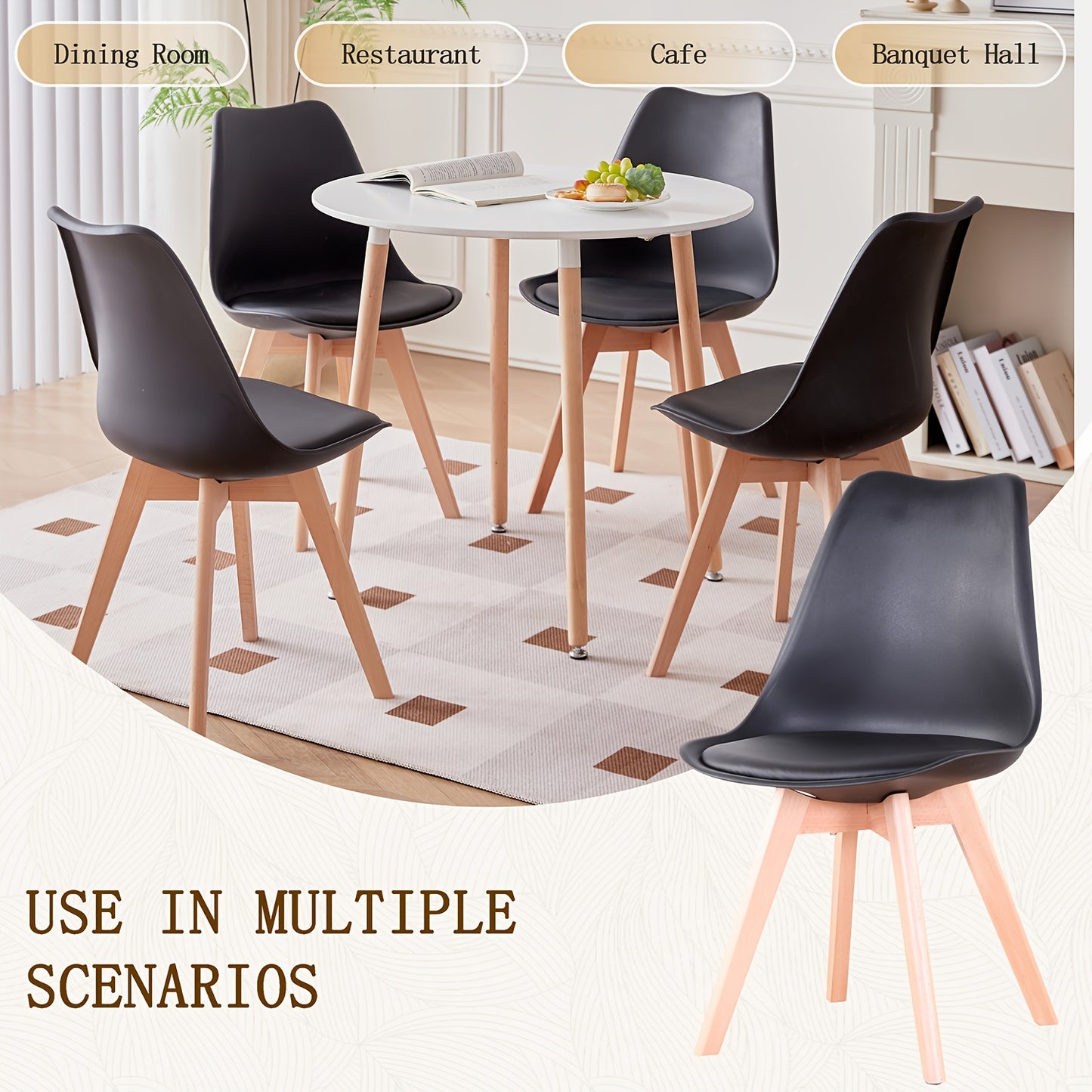 Ensemble de 6 chaises de salle à manger modernes du milieu du siècle, chaises de cuisine, chaises de bureau, chaise coquillage de designer avec coussins ergonomiques en similicuir et pieds en bois massif pour cuisine, salon, chambre à coucher, blanc
