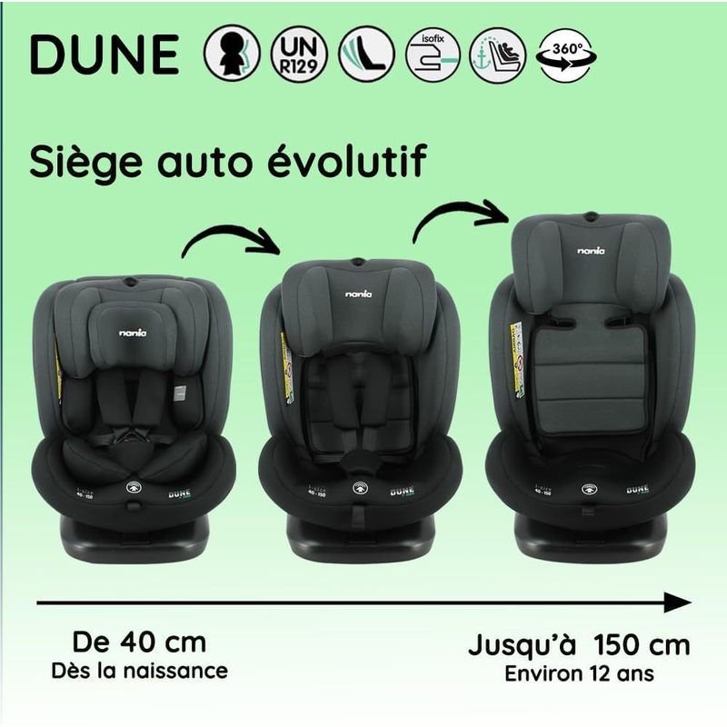 Dune, Siège auto, i-Size, Pivotant 360, évolutif, naissance et jusqu'à 12 ans environ, Groupe 0/1/2/3, 40-150 cm, Siège Auto ISOFIX, Rotation 360, Inclinable, Appui-tête réglable