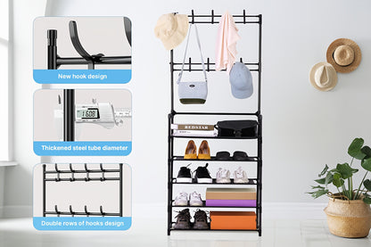 Porte-Chaussures Économiseur d'Espace - Porte-Manteau à 5 Niveaux avec 8 Crochets, Structure Solide en Métal Doré/Plastique, Design Autoportant ou Mural pour Maison, Bureau et Magasin - Idéal pour Ranger Chaussures, Manteaux, Chapeaux, etc., Cadeau d'Hall