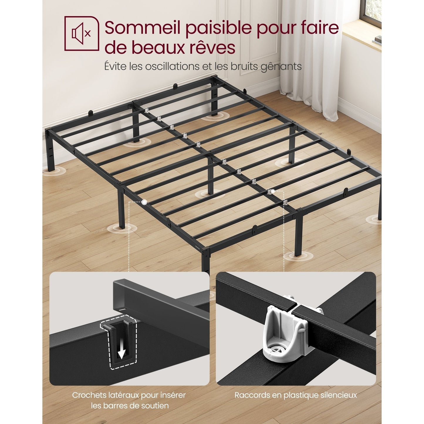 Cadre de Lit 140 x 190 avec Sommier Métal, Cadre en Métal, lit double, Espace de Rangement au Dessous, Moderne, Lit d'Invité, Montage Facile