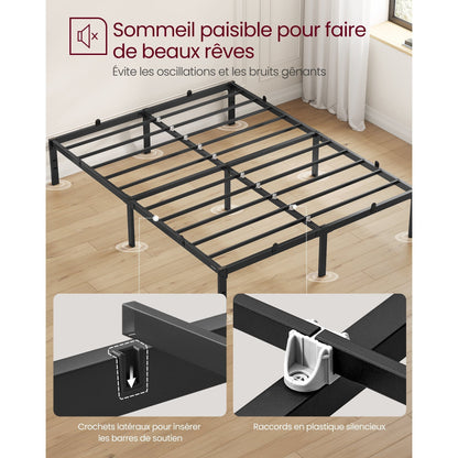 Cadre de Lit 140 x 190 avec Sommier Métal, Cadre en Métal, lit double, Espace de Rangement au Dessous, Moderne, Lit d'Invité, Montage Facile
