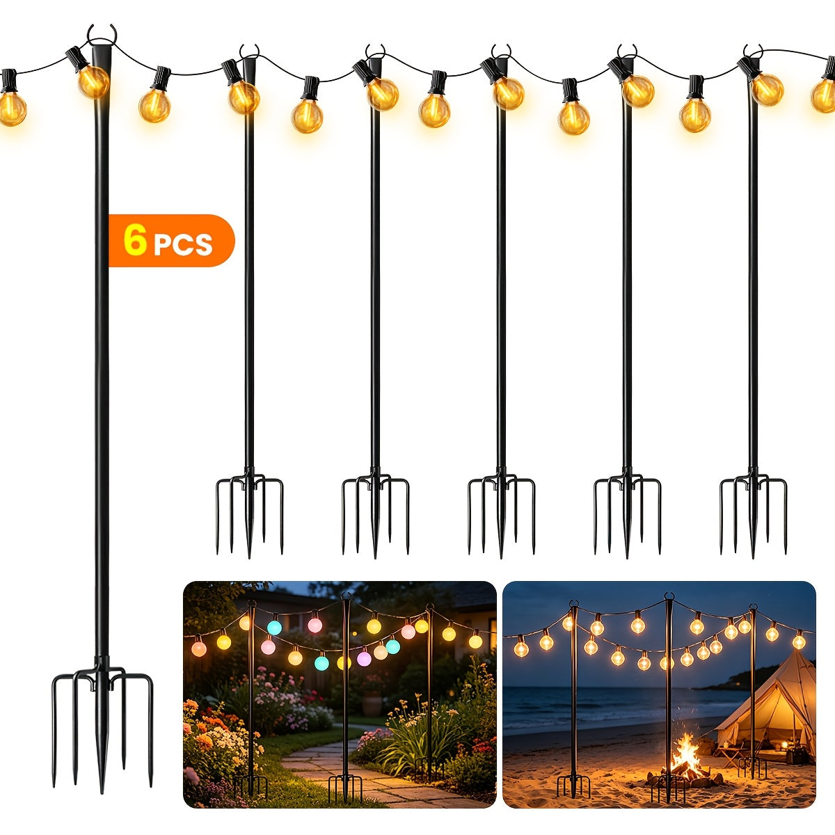 8pcs/6pcs/4pcs/2pcs Tiges de Suspension, Piquets de Jardin en Fer avec Base Fourche pour Guirlandes Lumineuses d'Extérieur - Accessoire d'Éclairage Polyvalent Non Chargé avec Extrémité Mate, Idéal pour Jardin, Patio, Mariage, Cour Arrière, Terrasse et Déc