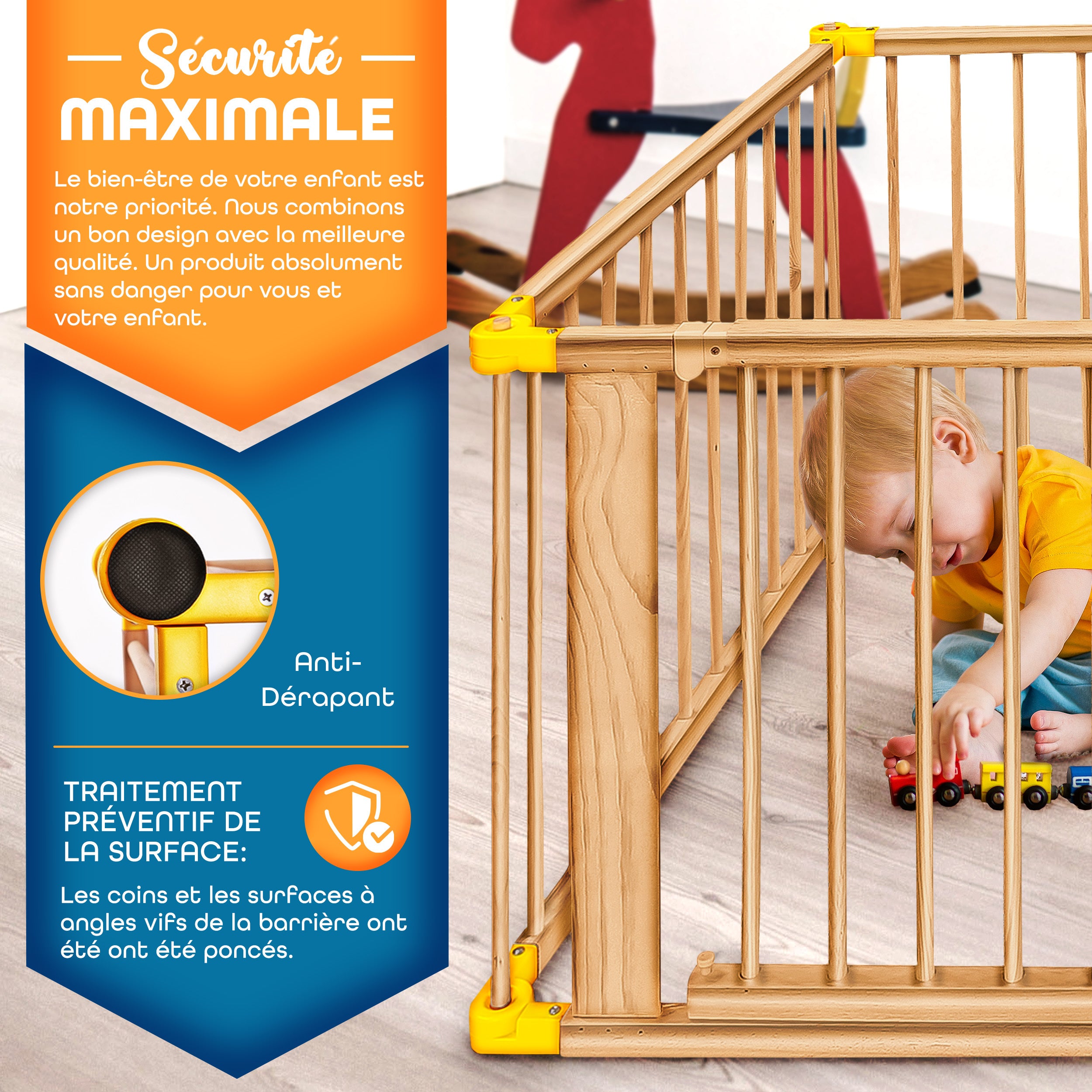 KIDUKU® Parc bébé pliable XXL de 7,2 mètres avec porte | Parc en bois avec double sécurité | Parc pliable pour enfants avec 8 éléments