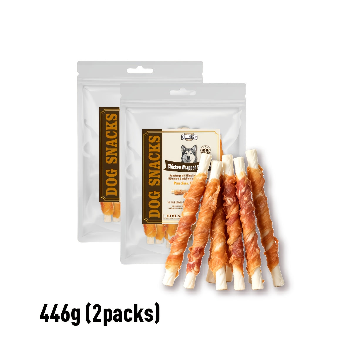 Bâtonnets de cuir cru enveloppés de poulet | Croquettes dentaires naturelles sans céréales et à haute teneur en protéines pour toutes les races de chiens, saveurs boeuf et poulet
