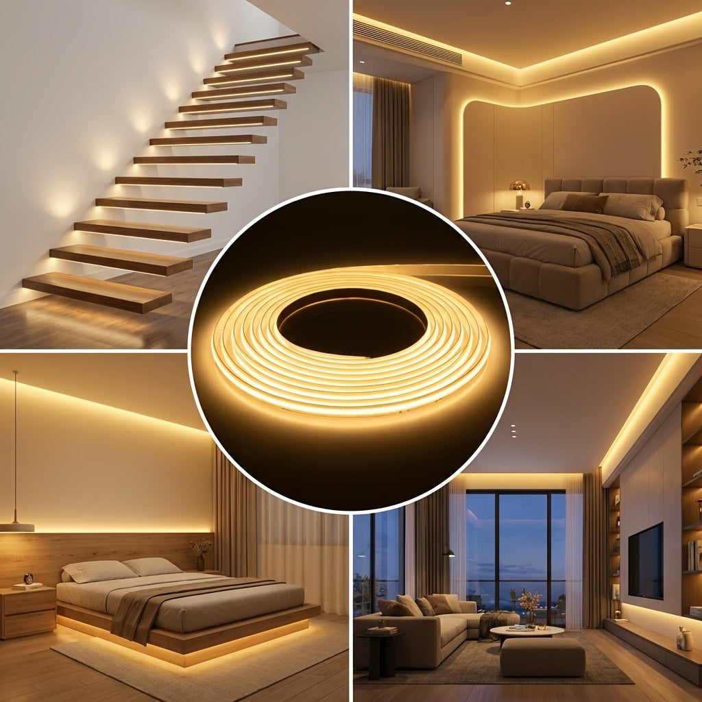 Ruban LED COB 220V 230V, Lampe d'éclairage intérieur flexible, 288 LED par mètre, Ruban adhésif à haute luminosité, Disponible en blanc ou blanc chaud pour la décoration de cuisine et de salle, Comprend une prise et un interrupteur EU