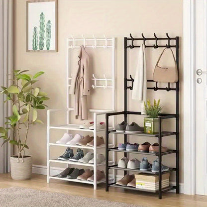 Étagère à chaussures métallique indépendante avec 8 crochets - Étagère d'organisation d'entrée multicouche avec étagères et crochets à manteau - Arbre d'entrée multifonctionnel sans électricité pour ranger les sacs, parapluies, chapeaux et chaussures