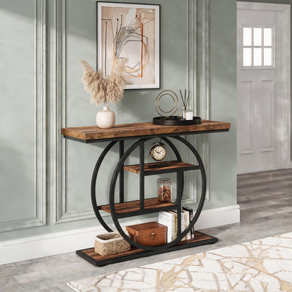 Table Console Moderne à 4 Niveaux avec Base Circulaire, Table d'Entrée Étroite en Bois avec Étagères de Rangement pour Salon, Couloir, Entrée