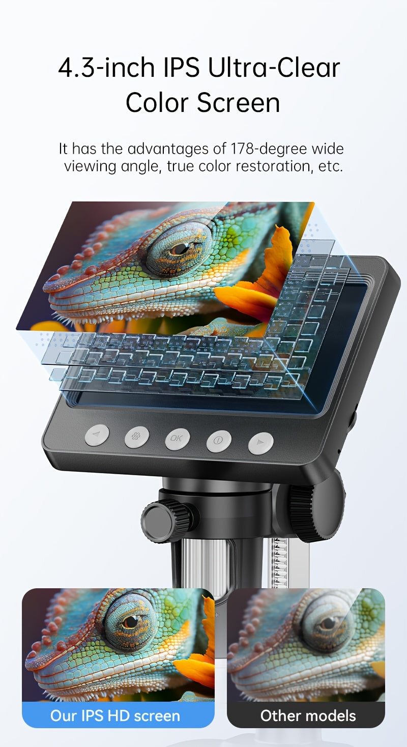 Microscope numérique 4,3 pouces avec grossissement 1600X, microscope à souder électronique, enregistrement vidéo 2MP, USB rechargeable 2000Mah, grossissement réglable, adapté aux pièces de monnaie, PCB, adultes, visualisation PC, utilisation en laboratoir