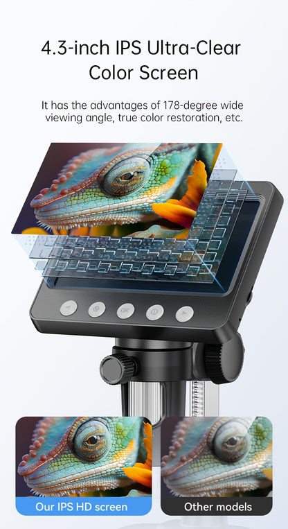 Microscope numérique 4,3 pouces avec grossissement 1600X, microscope à souder électronique, enregistrement vidéo 2MP, USB rechargeable 2000Mah, grossissement réglable, adapté aux pièces de monnaie, PCB, adultes, visualisation PC, utilisation en laboratoir