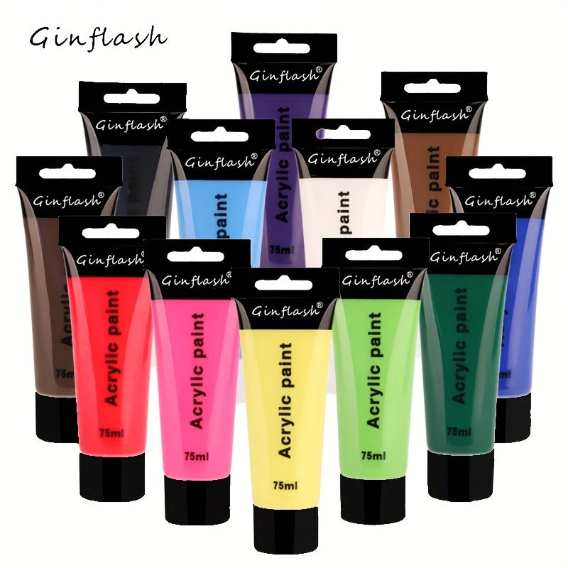 Ginflash Set de 12/24 couleurs 75ml/tube Pigment Acrylique Pailleté/Métallique Normal pour Art, Dessin, Peinture Murale DIY, Tissu et Fournitures Artistiques