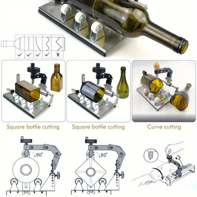 Kit de coupeur de bouteilles en verre, outil métallique multifonction pour le façonnage courbe, rond et col de bouteille, accessoires projet DIY avec foret à verre, papiers de verre, gants, fournitures de nettoyage