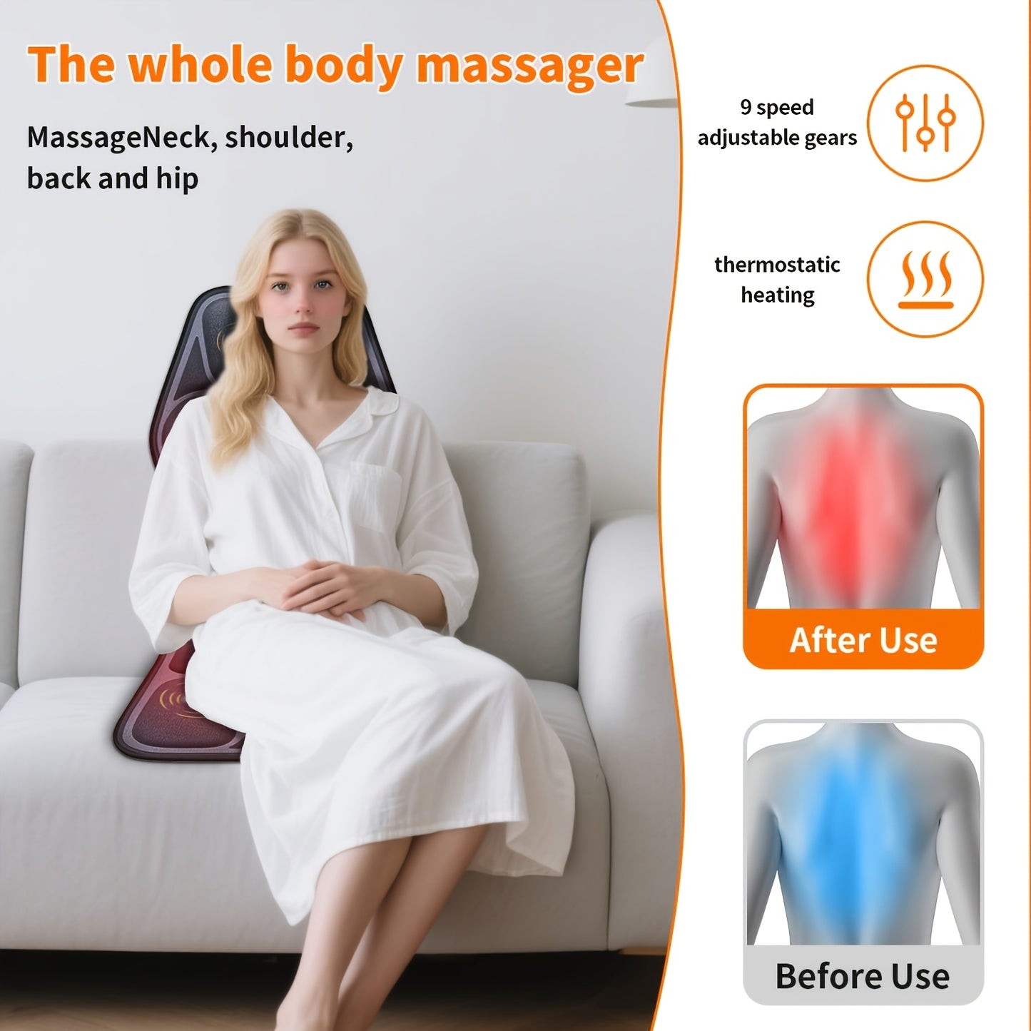 Coussin de siège masseur intégral YUNSHAW avec chauffage et vibration, convient pour le dos, coussin pour chaise de massage pour canapé/chaise, coussin chauffant à brancher avec système à 9 moteurs, cadeau pour homme/femme (sans convertisseur)