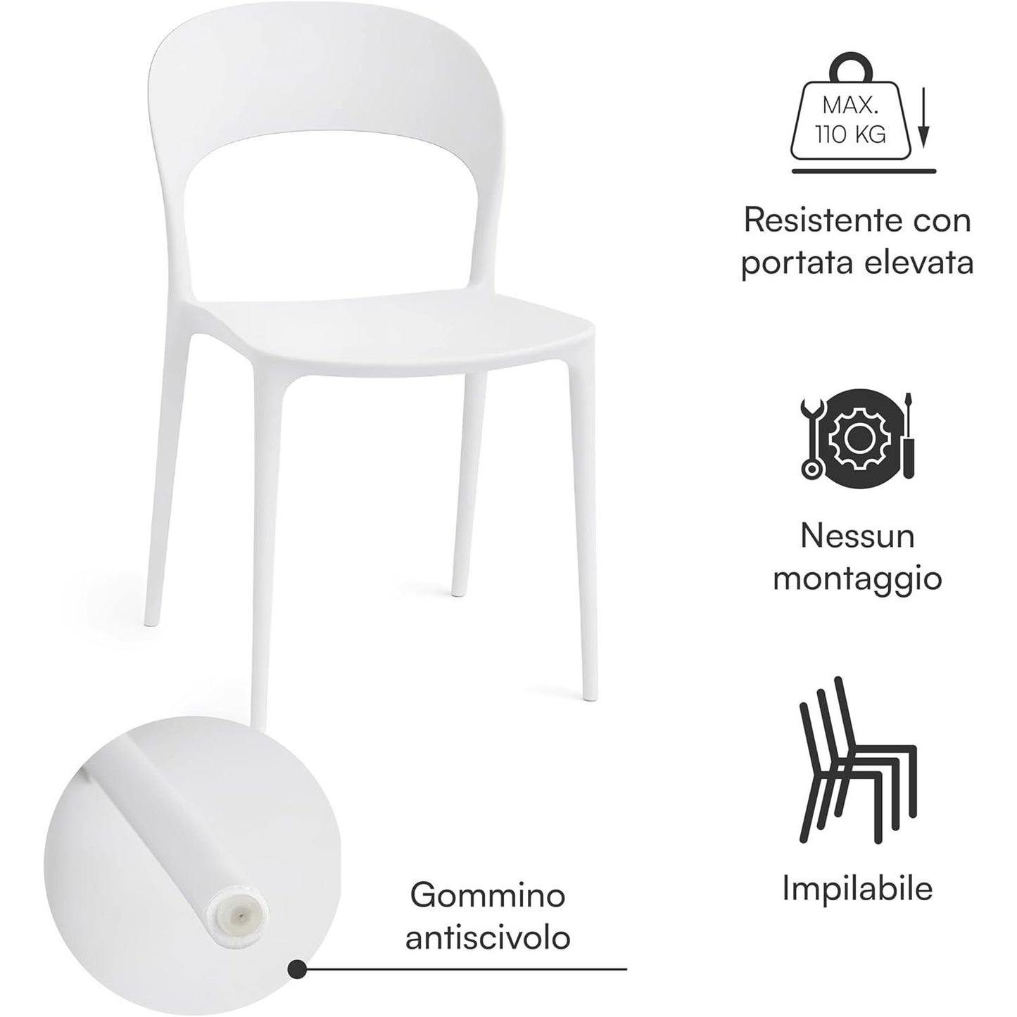 Baroni Home Lot de 4 chaises en plastique blanc – Empilables, prêtes à l'emploi sans assemblage requis, faciles à nettoyer, avec pieds antidérapants pour une stabilité accrue – Idéales pour cuisine, salon, salle à manger, jardin, terrasse ou balcon – Assi