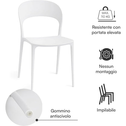 Baroni Home Lot de 4 chaises en plastique blanc – Empilables, prêtes à l'emploi sans assemblage requis, faciles à nettoyer, avec pieds antidérapants pour une stabilité accrue – Idéales pour cuisine, salon, salle à manger, jardin, terrasse ou balcon – Assi