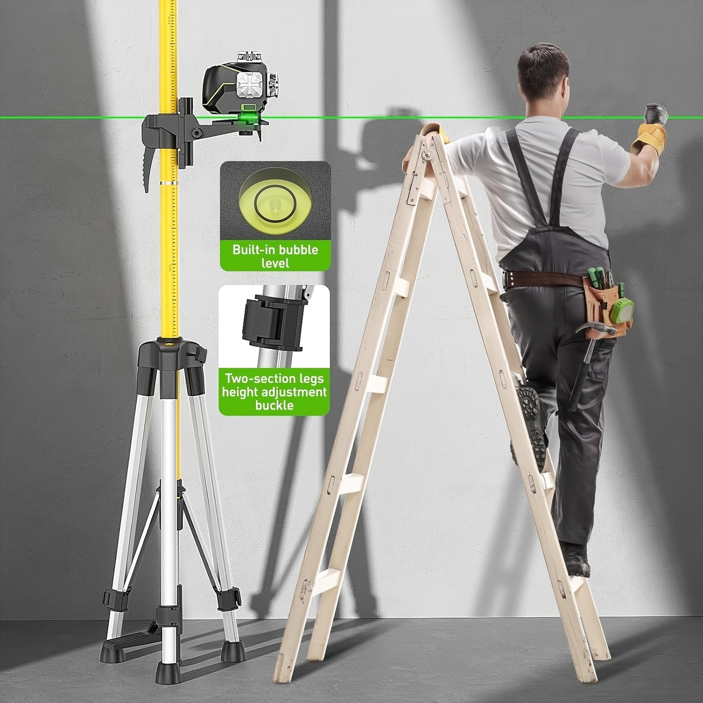 Perche Laser Professionnelle Huepar LP36A 12ft/3.7m Télescopique Réglable avec Trépied & Adaptateurs de Montage Laser 1/4"-20 + 5/8"-11 - Compatible avec Lasers Rotatifs/Lignes