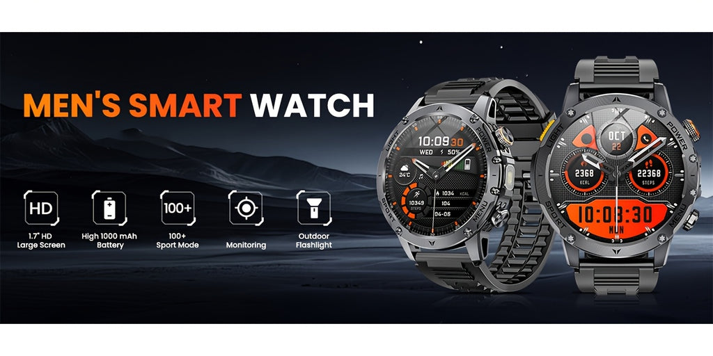 Montre Connectée Sport Homme 1000Mah Batterie Extra Large, avec Plus de 50h d'Autonomie en Veille, Écran 1.7 Pouces Appel Sans Fil Montre Connectée Sport/Étanche Ipx8/Plus de 100 Modes Sport/2 Combinations de Bracelets de Montre/Fonction Lampe Torche Sans
