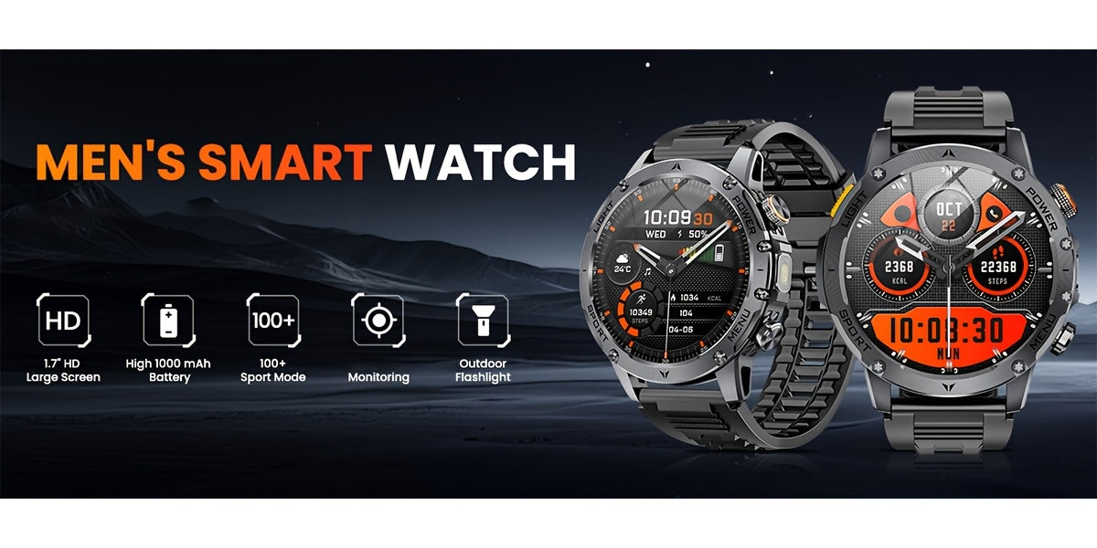 Montre Connectée Sport Homme 1000Mah Batterie Extra Large, avec Plus de 50h d'Autonomie en Veille, Écran 1.7 Pouces Appel Sans Fil Montre Connectée Sport/Étanche Ipx8/Plus de 100 Modes Sport/2 Combinations de Bracelets de Montre/Fonction Lampe Torche Sans