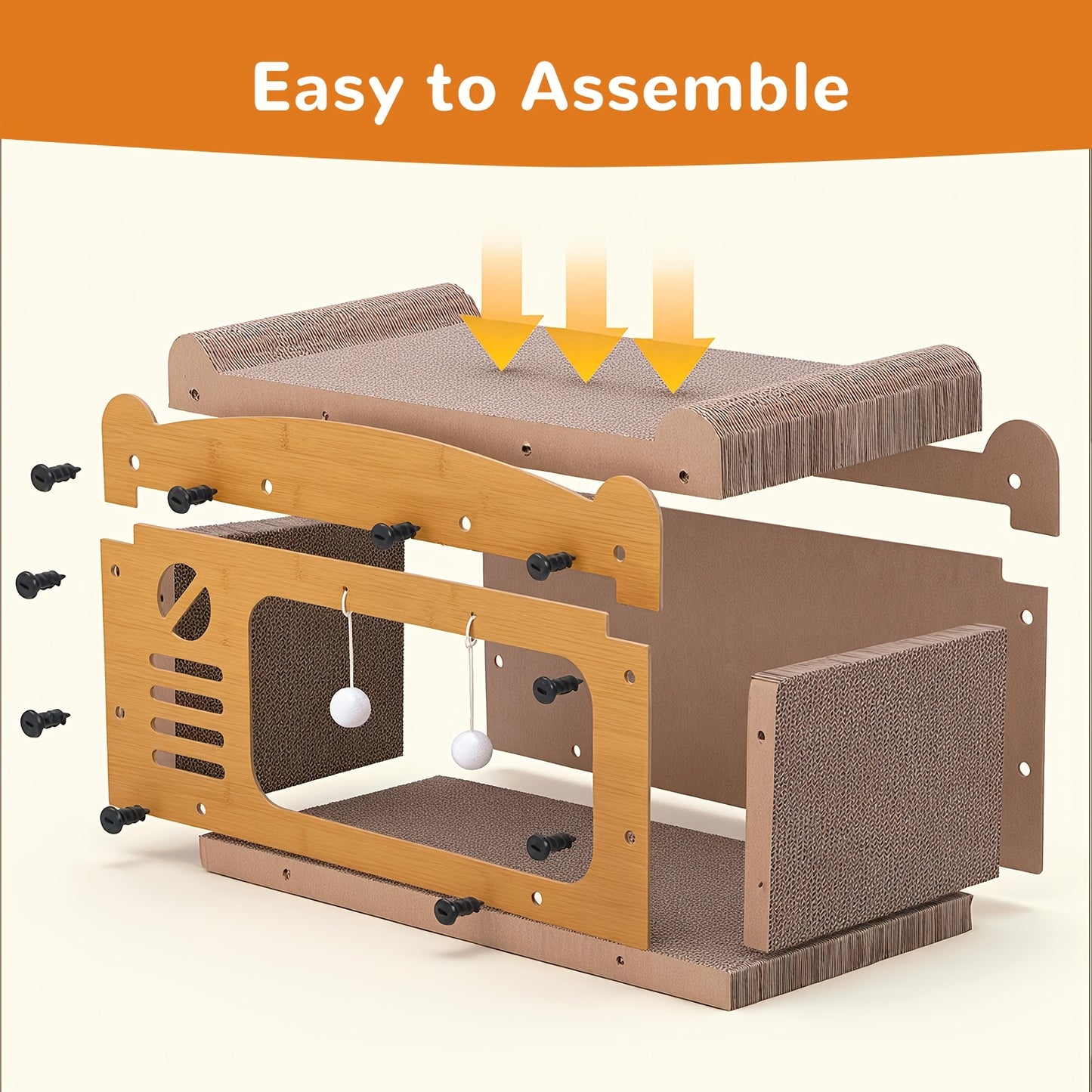 Grande maison pour chat avec poteaux à griffer, panier de transport et griffoir 3-en-1 en carton pour aiguiser les griffes, se cacher et se reposer, pompon intégré pour jouer, construction durable et robuste & facile à assembler, supporte jusqu'à 11 kg, c