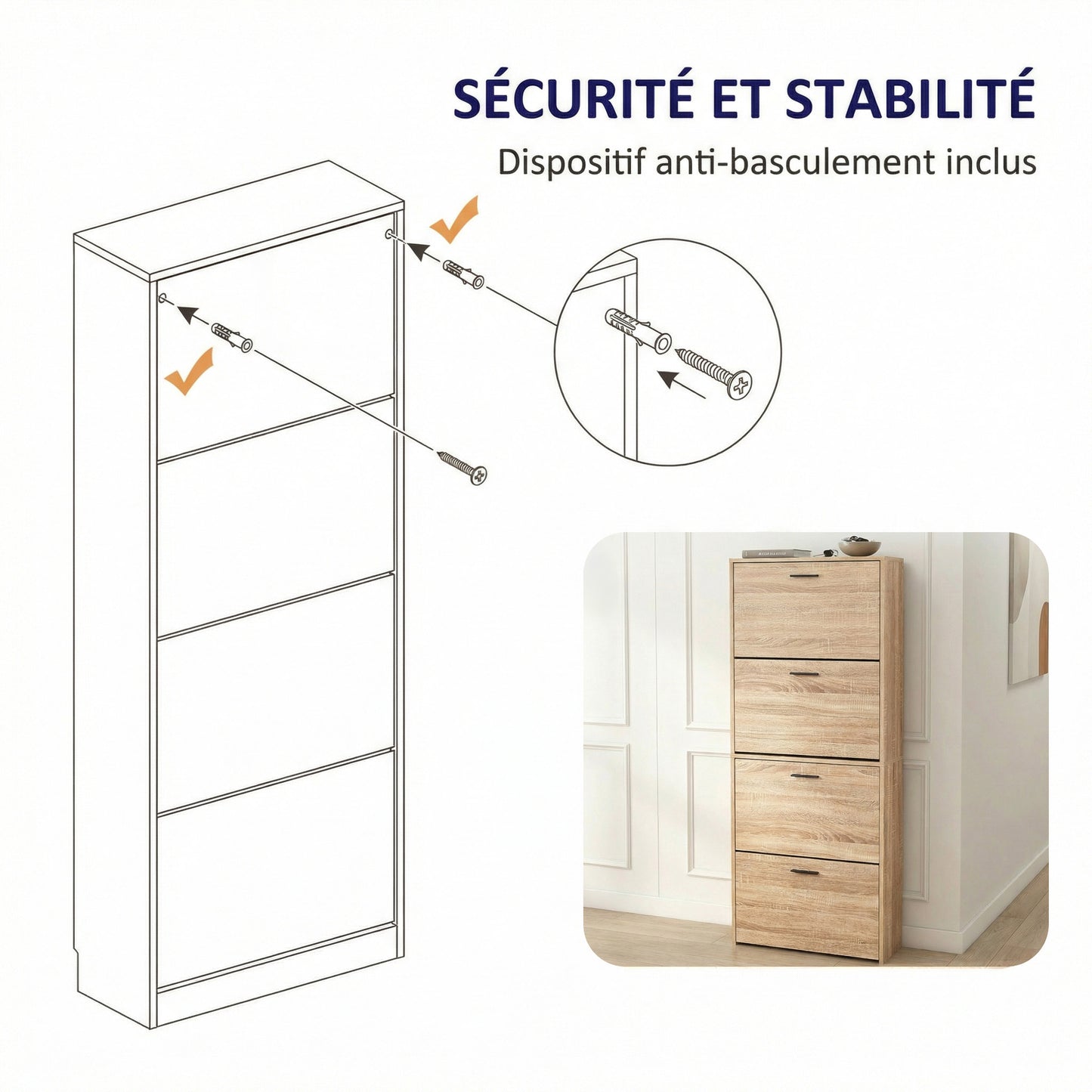 Meuble à chaussures avec 4 compartiments à rabat, armoire à chaussures en bois pour jusqu'à 24 paires, organisateur d'entrée peu encombrant