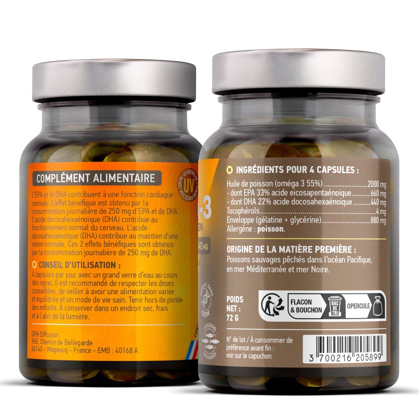 Oméga 3 - Huile de Poissons Sauvages - EPA 660mg / DHA 440mg - capsules - GPH Diffusion