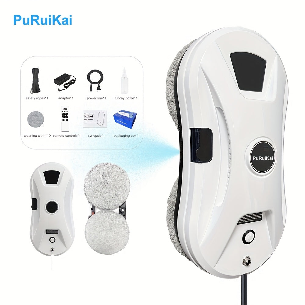 PuRuiKai11 Robot Nettoyeur de Vitres Intelligent et Automatique (Modèle 2026) avec Télécommande, Pulvérisation Automatique d'Eau, Corde de Sécurité -Chute de 4,5 mètres, Incluant 10 Chiffons de Nettoyage et Bouteilles de Pulvérisation