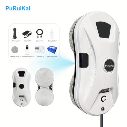PuRuiKai11 Robot Nettoyeur de Vitres Intelligent et Automatique (Modèle 2026) avec Télécommande, Pulvérisation Automatique d'Eau, Corde de Sécurité -Chute de 4,5 mètres, Incluant 10 Chiffons de Nettoyage et Bouteilles de Pulvérisation