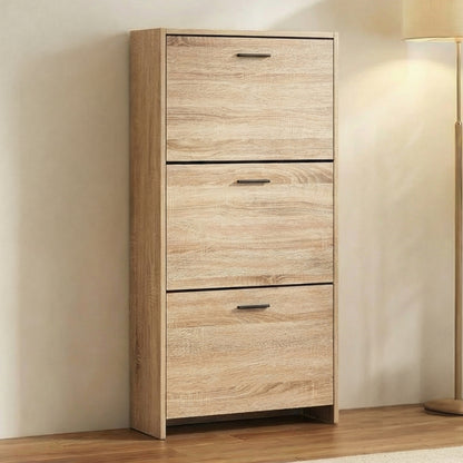 Meuble à chaussures avec 3 compartiments à abattant, armoire de rangement en bois pour jusqu'à 18 paires, organisateur d'entrée peu encombrant