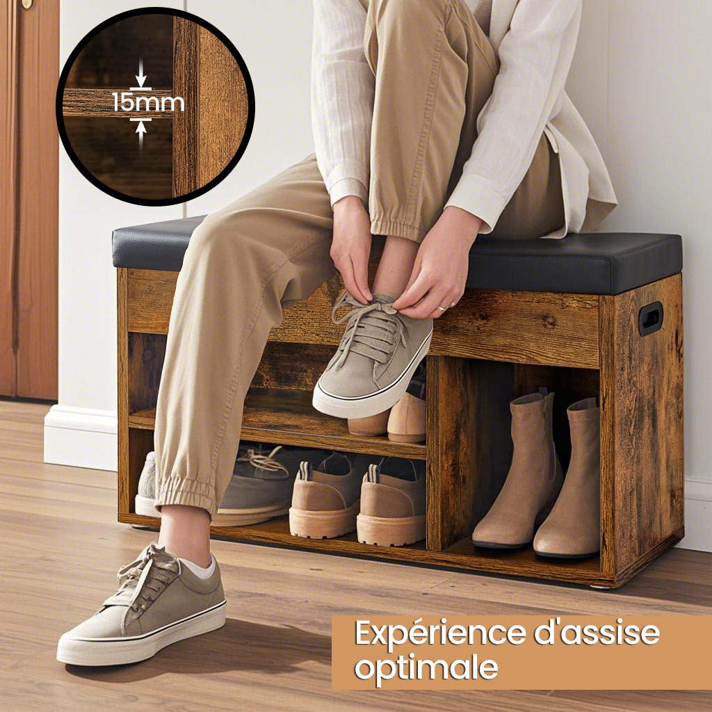 Banc à Chaussures Rembourré, 3 Compartiments, Capacité de Charge 136 kg, Rangement Caché, Étagères, pour Chambre, Salon, Entrée