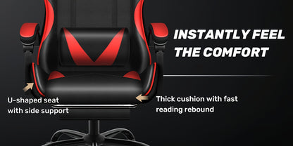 Fauteuil de gaming ergonomique avec repose-pieds - Fauteuil inclinable robuste à hauteur réglable, pivotant à 360° et avec support lombaire, mécanisme d'inclinaison manuel, options de couleur noir/rouge/blanc, texture imitation, rembourrage en mousse et c