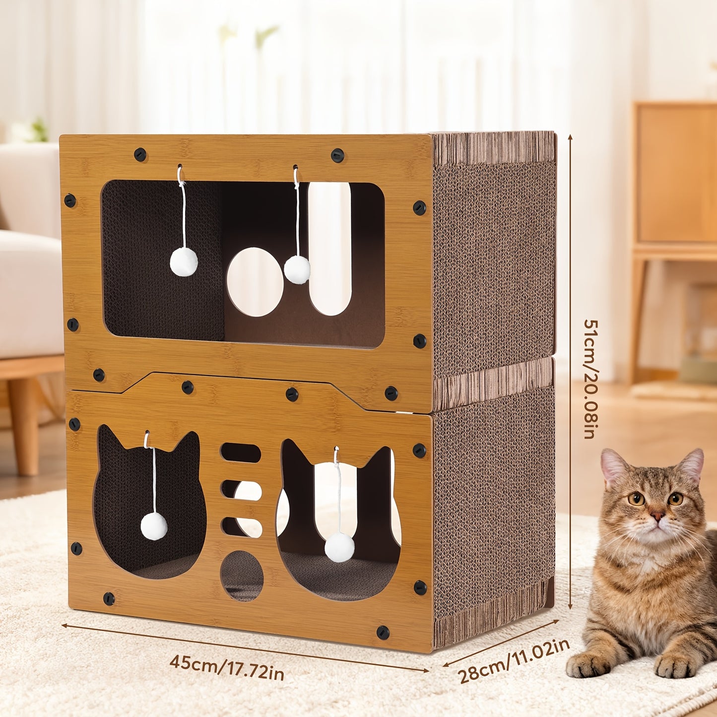 Grande maison pour chat avec poteaux à griffer, panier de transport et griffoir 3-en-1 en carton pour aiguiser les griffes, se cacher et se reposer, pompon intégré pour jouer, construction durable et robuste & facile à assembler, supporte jusqu'à 11 kg, c
