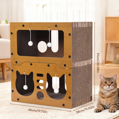 Grande maison pour chat avec poteaux à griffer, panier de transport et griffoir 3-en-1 en carton pour aiguiser les griffes, se cacher et se reposer, pompon intégré pour jouer, construction durable et robuste & facile à assembler, supporte jusqu'à 11 kg, c