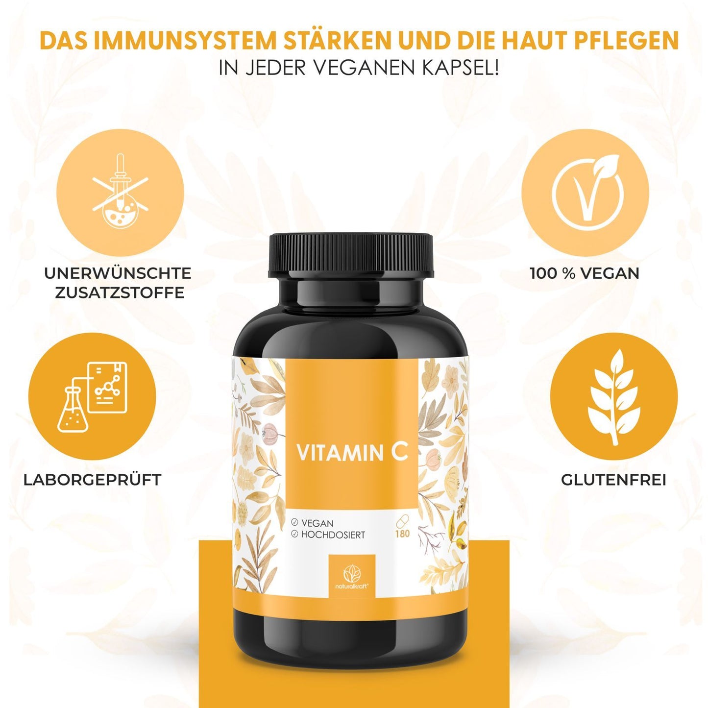 NATURALKRAFT® Vitamine C Premium 1000 Mg Par Dose Quotidienne avec Poudre de Phospholipide de Tournesol et Extrait de Mûrier - 180 Capsules Véganes - Plus Haute Bio-disponibilité, Testé en Laboratoire et Sans Additifs.