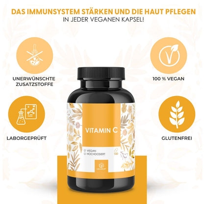 NATURALKRAFT® Vitamine C Premium 1000 Mg Par Dose Quotidienne avec Poudre de Phospholipide de Tournesol et Extrait de Mûrier - 180 Capsules Véganes - Plus Haute Bio-disponibilité, Testé en Laboratoire et Sans Additifs.