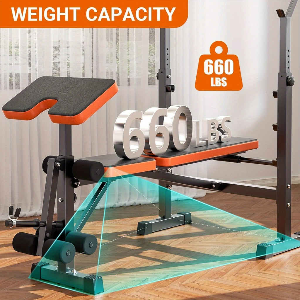 Banquette d'Entraînement 6-en-1 Réglable, Capacité de 299,37 KG avec Support pour Squats, Poids et Inclinaison, Banque Press, Sit-Up, Pliable pour Gym à Domicile
