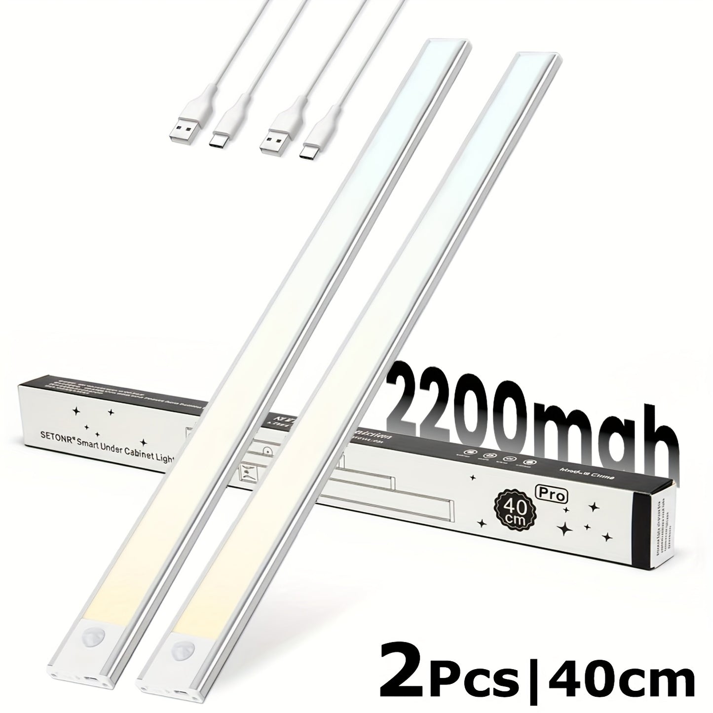SETONR Slim LED Lampes Sous Meuble - Boîtier Métallique, Rechargeable, 450/600/2200/4400 Mah, Détecteur de Mouvement Humain, Dimmable, Adhésif, Éclairage de Cuisine à Piles pour Placards, Comptoirs et Étagères, Jusqu'à 60Cm, Longue Autonomie Disponible