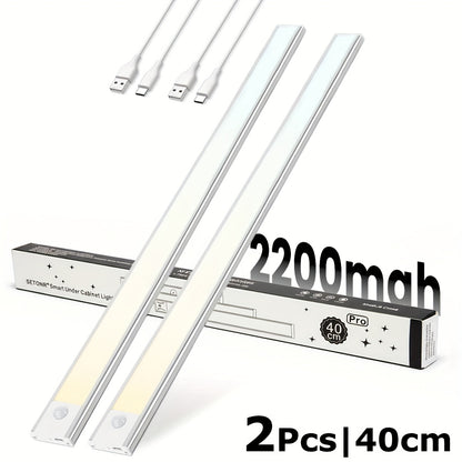 SETONR Slim LED Lampes Sous Meuble - Boîtier Métallique, Rechargeable, 450/600/2200/4400 Mah, Détecteur de Mouvement Humain, Dimmable, Adhésif, Éclairage de Cuisine à Piles pour Placards, Comptoirs et Étagères, Jusqu'à 60Cm, Longue Autonomie Disponible