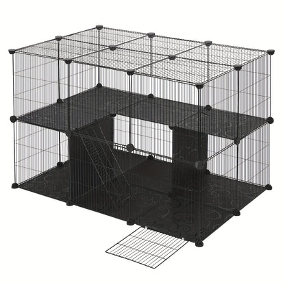 Cage d'extérieur pour lapin, cochon d'Inde, hamsters, chats et petits animaux - Enclos robuste en treillis métallique avec panneaux de sol, cadre spacieux noir et blanc, à assembler - (105x70x70cm)