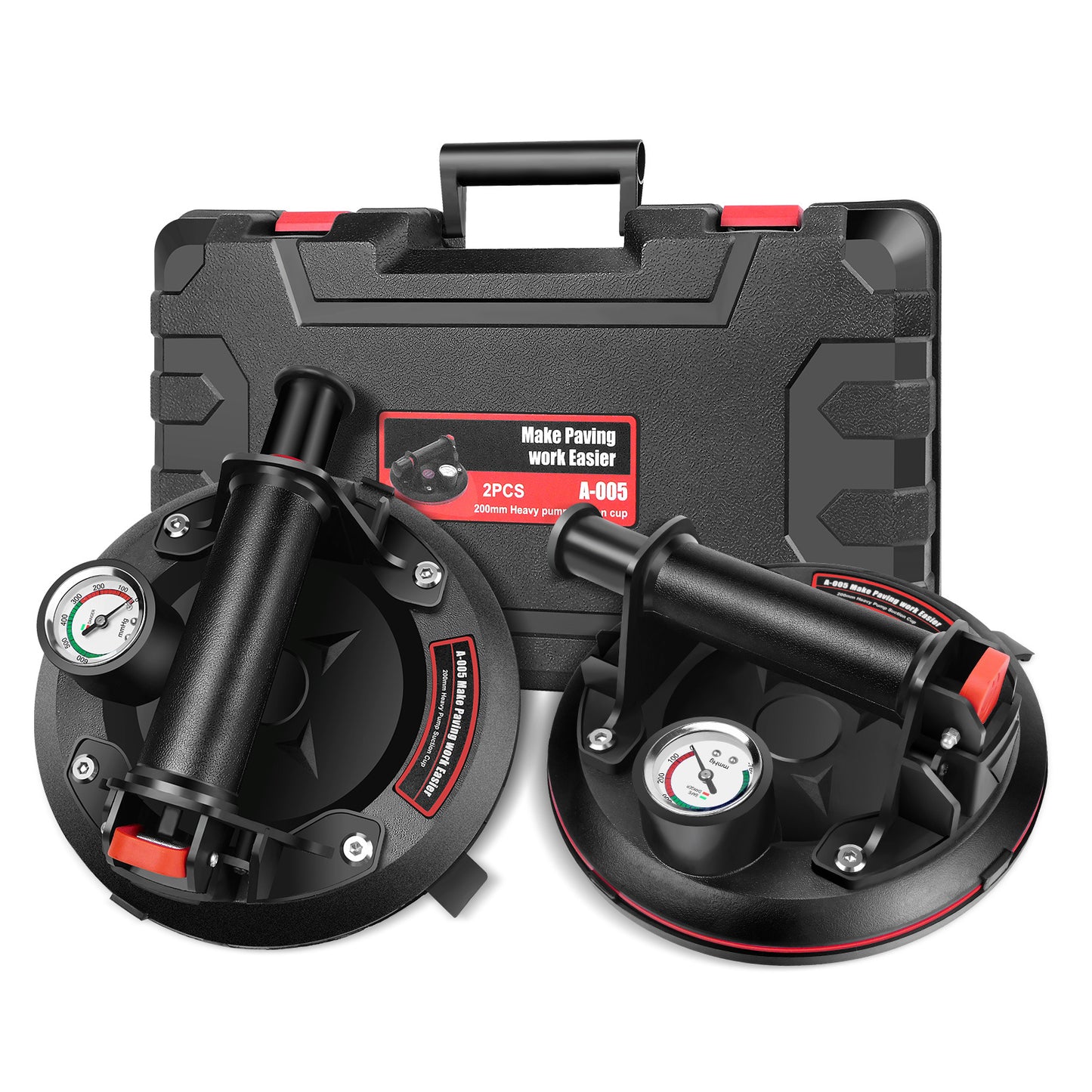 Paire 2x PACK Ventouse à vide avec manomètre, ventouse à vide robuste avec poignée, levier à ventouse pour verre, pour granit, carrelage, verre, levier à ventouse industriel noir puissant pour granit, carrelage, vitre, ventouses, leviers